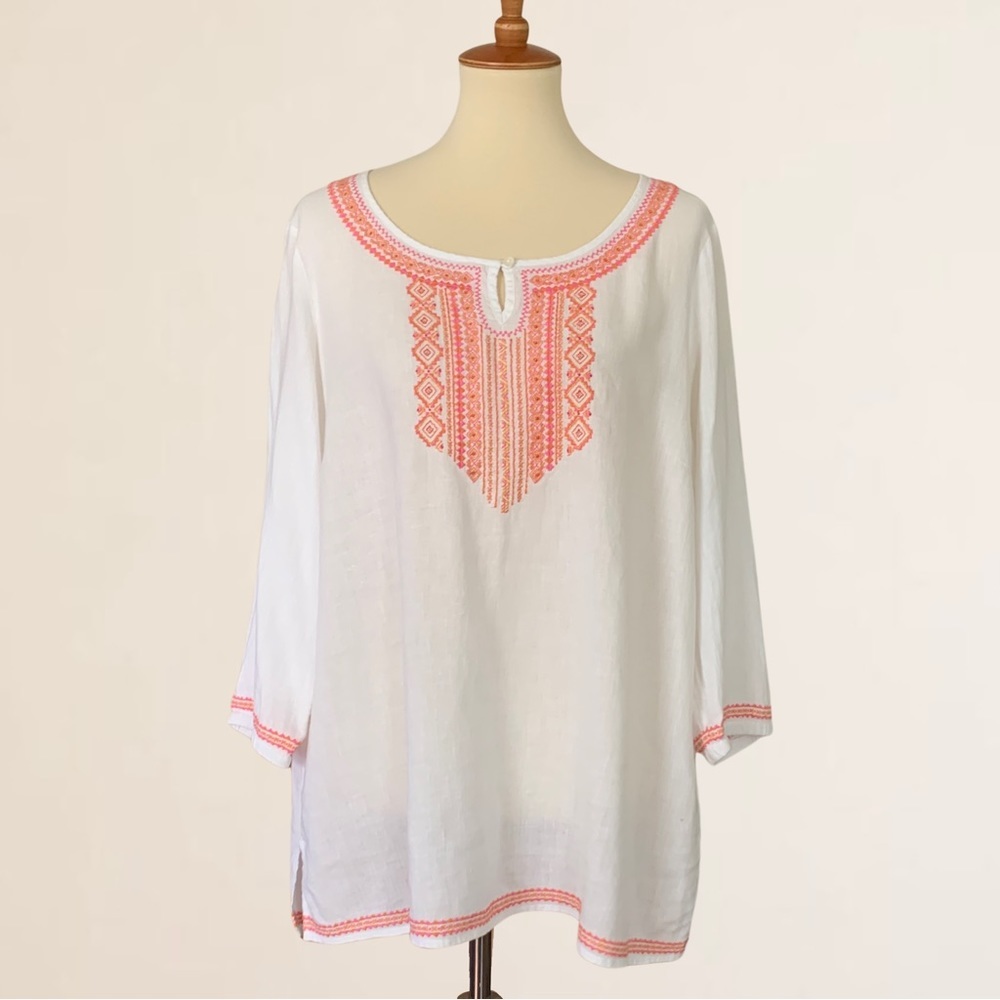 J. Jill Embroidered Linen Rayon Blend Keyhole Button Pullover Tunic